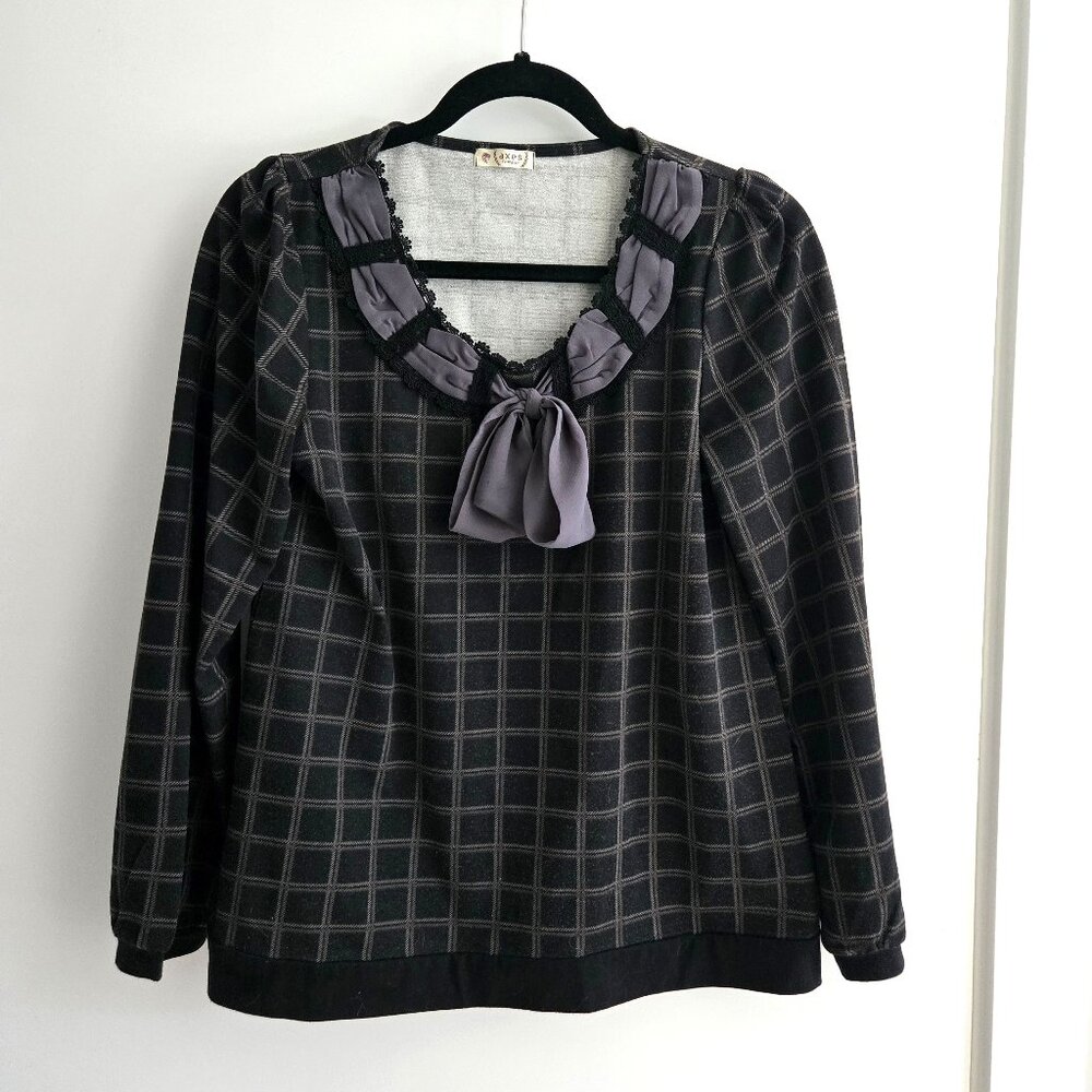 Axes Femme Checkered Blouse Shirt with Lace Ribbon detail